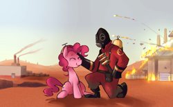 Size: 1280x800 | Tagged: safe, artist:karzahnii, character:pinkie pie, species:human, clothing, crossover, duo, eyes closed, hat, propeller hat, pyro, team fortress 2