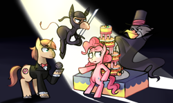 Size: 1280x768 | Tagged: safe, artist:karzahnii, character:donut joe, character:gustave le grande, character:pinkie pie, species:earth pony, species:griffon, species:mule, species:pony, species:unicorn, episode:mmmystery on the friendship express, g4, my little pony: friendship is magic, bow tie, cape, clothing, con mane, female, gustave le grande, hat, katana, male, mare, mulia mild, ninja, secret agent, stallion, sword, top hat, tuxedo, weapon