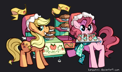 Size: 1020x599 | Tagged: safe, artist:karzahnii, character:applejack, character:pinkie pie, cake, clothing, duo, flag, food, hat, mouth hold, pie, raised hoof, scarf, smiling, tray