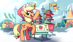 Size: 1024x600 | Tagged: safe, artist:karzahnii, character:applejack, species:earth pony, species:pony, g4, 12 days of christmas, carrot, clothing, concession stand, daily deviation, female, food, hat, mare, pie, rearing, santa hat, snow, snowfall, solo, twelve days of christmas