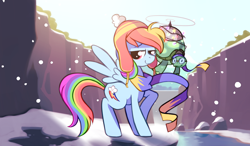Size: 1024x600 | Tagged: safe, artist:karzahnii, character:rainbow dash, character:tank, species:pegasus, species:pony, 12 days of christmas, christmas lights, clothing, duo, female, ghastly gorge, hat, mare, pet, scarf, snow, snowfall, twelve days of christmas, winter