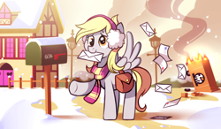 Size: 1024x600 | Tagged: safe, artist:karzahnii, character:derpy hooves, species:pegasus, species:pony, g4, 12 days of christmas, accident, christmas, clothing, crash, crossover, cute, derpabetes, earmuffs, featured on derpibooru, female, fence, fire, lamppost, letter, mail, mailbox, mailmare, mare, mouth hold, raised hoof, scarf, smiling, smoke, snow, snowfall, solo, spread wings, team fortress 2, twelve days of christmas, wings, winter