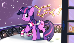 Size: 1024x600 | Tagged: safe, artist:karzahnii, character:twilight sparkle, character:twilight sparkle (unicorn), species:pony, species:unicorn, g4, 12 days of christmas, balcony, clothing, crescent moon, female, letter, long scarf, magic, mare, moon, night, saddle, scarf, scroll, snow, snowfall, solo, twelve days of christmas