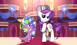 Size: 1024x600 | Tagged: safe, artist:karzahnii, character:rarity, character:spike, species:dragon, species:pony, species:unicorn, ship:sparity, 12 days of christmas, clothing, cute, female, gem, hat, male, mare, present, raised hoof, scarf, shipping, straight, town hall, twelve days of christmas