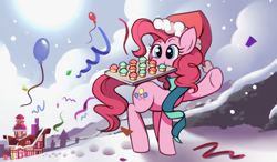 Size: 1024x600 | Tagged: safe, artist:karzahnii, character:pinkie pie, species:earth pony, species:pony, g4, 12 days of christmas, balloon, clothing, confetti, cupcake, female, hat, mare, mouth hold, raised hoof, santa hat, scarf, snow, snowfall, solo, sugarcube corner, tray, twelve days of christmas