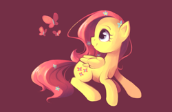 Size: 2040x1320 | Tagged: safe, artist:karzahnii, character:fluttershy, species:pegasus, species:pony, g4, butterfly, female, flower, flower in hair, happy, looking back, mare, prone, simple background, sitting, solo