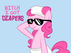 Size: 1024x768 | Tagged: safe, artist:karzahnii, character:pinkie pie, species:earth pony, species:pony, g4, bipedal, diaper, diaper on head, female, mare, simple background, solo, sunglasses, vulgar