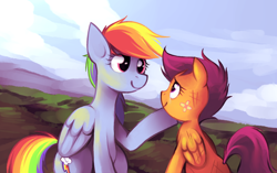 Size: 1720x1080 | Tagged: safe, artist:karzahnii, character:rainbow dash, character:scootaloo, species:pegasus, species:pony, g4, bandaid, crying, cute, duo, duo female, eye contact, female, filly, happy, injured, looking at each other, mare, raised hoof, scootalove, sitting, tears of joy