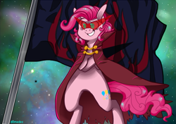 Size: 1099x774 | Tagged: safe, artist:buljong, character:pinkie pie, ask doctor whooves, cape, clothing, crossover, flag, grin, hotblooded pinkie pie, kamina, smiling, solo, tengen toppa gurren lagann