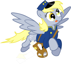 Size: 6000x5390 | Tagged: safe, artist:masem, idw, character:derpy hooves, species:pegasus, species:pony, absurd resolution, clothing, cute, female, flying, hat, idw showified, letter, mail, mailbag, mailmare, mailpony, mare, paper, simple background, tongue out, transparent background, vector