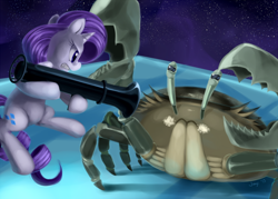 Size: 1200x857 | Tagged: safe, artist:jiayi, character:rarity, species:crab, final destination, giant crab, rarity fighting a giant crab, rocket launcher, super smash bros.