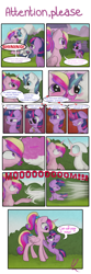 Size: 1133x3401 | Tagged: safe, artist:lolepopenon, character:princess cadance, character:shining armor, character:twilight sparkle, alternate hairstyle, angry, astartes pattern baldness, bald, balding armor, bipedal leaning, blushing, comic, cute, eye contact, filly, floppy ears, fluffy, frown, gritted teeth, heart eyes, magic, open mouth, scrunchy face, smiling, tail bow, twiabetes, unamused, wide eyes, windswept mane, wingding eyes, yelling, younger, zip lines