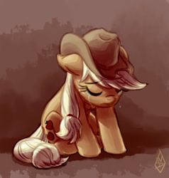 Size: 649x681 | Tagged: safe, artist:whitediamonds, character:applejack, species:earth pony, species:pony, applejack's hat, clothing, cowboy hat, crying, eyes closed, female, floppy ears, gradient background, hat, mare, sad, sitting, solo