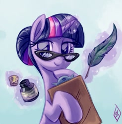 Size: 739x751 | Tagged: safe, artist:whitediamonds, character:twilight sparkle, character:twilight sparkle (unicorn), species:pony, species:unicorn, alternate hairstyle, bun hairstyle, clipboard, colored pupils, female, glasses, gradient background, hair bun, ink, levitation, looking at you, magic, magic aura, mare, quill, signature, smiling, smirk, solo, telekinesis, twilight's professional glasses