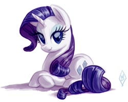 Size: 764x608 | Tagged: safe, artist:whitediamonds, character:rarity, species:pony, species:unicorn, g4, female, lidded eyes, looking at you, mare, prone, smiling, solo
