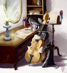Size: 1094x1200 | Tagged: safe, artist:whitediamonds, character:octavia melody, species:earth pony, species:pony, g4, bow (instrument), cello, female, lamp, mare, mirror, mouth hold, musical instrument, photoshop, quill, sheet music, sitting, solo, writing