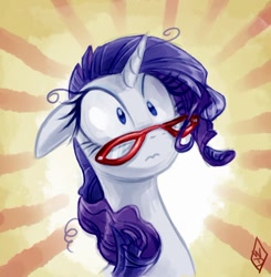 Size: 688x701 | Tagged: safe, artist:whitediamonds, character:rarity, species:pony, species:unicorn, abstract background, bust, female, floppy ears, glasses, mare, messy mane, rarity's glasses, solo, surprise face, surprised