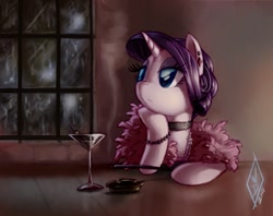 Size: 900x712 | Tagged: safe, artist:whitediamonds, character:rarity, species:pony, species:unicorn, g4, alcohol, ashtray, bored, bracelet, choker, cigarette, cigarette holder, clothing, dark, dress, drink, ear piercing, earring, eyeshadow, feather boa, female, frown, glass, hoof hold, jewelry, leaning, lidded eyes, looking back, looking up, makeup, mare, martini, martini glass, necklace, pearl, piercing, rain, smoke, smoking, solo, window, wine