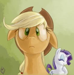 Size: 627x638 | Tagged: safe, artist:whitediamonds, character:applejack, character:rarity, species:earth pony, species:pony, species:unicorn, ship:rarijack, applejack's hat, clothing, cowboy hat, female, floppy ears, gradient background, hat, laughing, lesbian, mare, shipping
