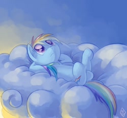 Size: 776x716 | Tagged: safe, artist:whitediamonds, character:rainbow dash, species:pegasus, species:pony, g4, 2011, cloud, crossed legs, cutie mark, female, hooves, looking up, lying down, lying on a cloud, mare, on a cloud, on back, sky, solo