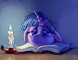 Size: 863x663 | Tagged: safe, artist:whitediamonds, character:twilight sparkle, species:pony, species:unicorn, g4, 3:, book, candle, female, floppy ears, mare, pouting, solo, tired