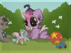 Size: 2263x1700 | Tagged: safe, artist:lolepopenon, character:princess celestia, character:smarty pants, character:twilight sparkle, species:pony, alternate hairstyle, baby, baby pony, babylight sparkle, ball, big ears, big eyes, brushie, car, cute, doll, fake wings, filly, fluffy, foal, magic, pacifier, pinklestia, sitting, solo, sweet dreams fuel, telekinesis, toy car, twiabetes, weapons-grade cute