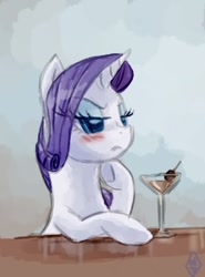 Size: 433x585 | Tagged: safe, artist:whitediamonds, character:rarity, species:pony, species:unicorn, alcohol, annoyed, blushing, cocktail, drink, female, glass, mare, martini glass, solo