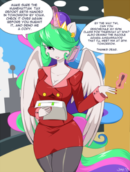 Size: 600x796 | Tagged: dead source, safe, artist:jiayi, character:princess celestia, species:anthro, ambiguous facial structure, cleavage, clothing, dialogue, female, nail polish, phone