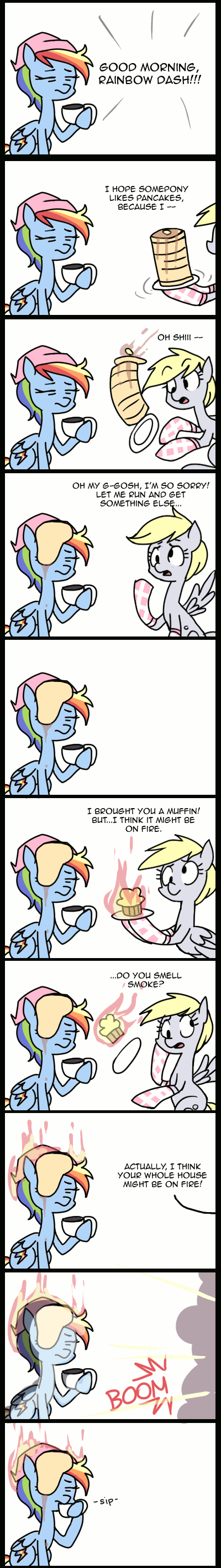 Size: 400x2833 | Tagged: safe, artist:karzahnii, character:derpy hooves, character:rainbow dash, species:pegasus, species:pony, animated, coffee, comic, explosion, female, fire, mare, morning, morning ponies, pancakes
