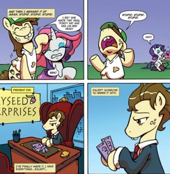 Size: 604x619 | Tagged: safe, artist:katiecandraw, idw, official, character:hayseed turnip truck, character:rarity, chair, clothing, desk, eyes closed, eyeshadow, freckles, gritted teeth, hat, rariseed, sad, shipping, shirt, sitting, smiling, suit
