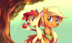 Size: 1800x1080 | Tagged: safe, artist:karzahnii, character:apple bloom, character:applejack, apple, cute, food, neckerchief, ponies riding ponies, sisterly love, smiling