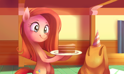 Size: 1800x1080 | Tagged: safe, artist:karzahnii, character:pinkamena diane pie, character:pinkie pie, episode:party of one, g4, my little pony: friendship is magic, cake, clothing, food, hat, madame leflour, party hat, plate, scene interpretation