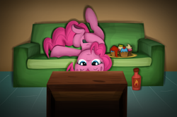 Size: 1000x663 | Tagged: dead source, safe, artist:xioade, character:pinkie pie, species:earth pony, species:pony, bored, bottle, couch, cupcake, hot sauce, remote, remote control, solo, television, upside down