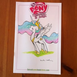 Size: 500x500 | Tagged: safe, artist:katiecandraw, idw, character:princess celestia, blushing, cute, cutelestia, smiling, solo, spread wings, traditional art, wings