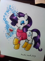 Size: 764x1024 | Tagged: safe, artist:katiecandraw, idw, character:rarity, clothing, drink, glass, sweater, traditional art, wine