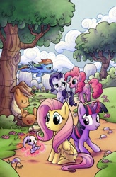 Size: 828x1260 | Tagged: safe, artist:agnesgarbowska, idw, character:angel bunny, character:applejack, character:fluttershy, character:pinkie pie, character:rainbow dash, character:rarity, character:twilight sparkle, cloud, cloudy, cover, magic, mane six, telekinesis, tree
