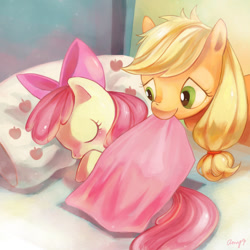 Size: 1024x1024 | Tagged: safe, artist:amy30535, character:apple bloom, character:applejack, episode:apple family reunion, g4, my little pony: friendship is magic, bed, blanket, female, good night, goodnight, sisters, sleeping, tucking in
