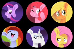 Size: 500x333 | Tagged: safe, artist:karzahnii, character:applejack, character:fluttershy, character:pinkie pie, character:rainbow dash, character:rarity, character:twilight sparkle, species:earth pony, species:pegasus, species:pony, species:unicorn, eyes closed, female, grin, hooves, horn, lineless, mane six, mare, one eye closed, open mouth, smiling, teeth