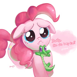 Size: 1024x1024 | Tagged: safe, artist:amy30535, character:gummy, character:pinkie pie, species:pony, :<, cute, diapinkes, floppy ears, frown, implied igneous rock, looking up, puppy dog eyes, sad, simple background, solo, white background