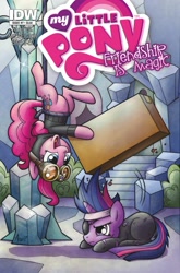 Size: 1400x2125 | Tagged: safe, idw, character:pinkie pie, character:twilight sparkle, episode:pinkie spy, g4, my little pony:equestria girls, box, cover, future twilight, konami, metal gear, metal gear solid, solid snake, solid sparkle, twilight is not amused, unamused