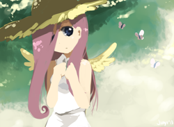 Size: 1366x1000 | Tagged: safe, artist:jiayi, character:fluttershy, butterfly, clothing, hat, humanized, solo, winged humanization