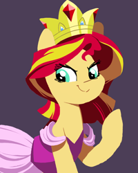 Size: 1024x1280 | Tagged: safe, artist:karzahnii, character:sunset shimmer, species:pony, species:unicorn, clothing, crown, dress, female, hooves, jewelry, lineless, mare, ponified, regalia, simple background, smiling, solo