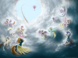 Size: 1600x1200 | Tagged: safe, artist:longren, artist:murphylaw4me, edit, character:cloudchaser, character:derpy hooves, character:lightning dust, character:meadow flower, character:rainbow dash, character:spitfire, species:pegasus, species:pony, episode:wonderbolts academy, balloon, clothing, cloud, cloudy, color edit, colored, female, flying, goggles, hot air balloon, male, mare, rainbow trail, sky, stallion, twinkling balloon, uniform, vertigo, wonderbolt trainee uniform, wonderbolts, wonderbolts uniform