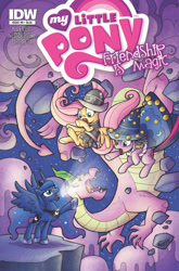 Size: 901x1367 | Tagged: safe, artist:agnesgarbowska, idw, official, character:fluttershy, character:princess luna, character:spike, character:star swirl the bearded, character:twilight sparkle, comic, costume, cover, hot topic, private pansy, traditional royal canterlot voice