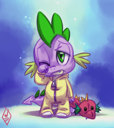 Size: 800x900 | Tagged: safe, artist:whitediamonds, character:spike, species:dragon, baby, baby dragon, clothing, cute, fangs, footed sleeper, green eyes, groggy, male, one eye closed, pajamas, plushie, signature, simple background, sleepy, solo, spikabetes, tired, toy, watermark, zipper