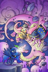 Size: 500x759 | Tagged: safe, artist:agnesgarbowska, idw, official, character:fluttershy, character:princess luna, character:spike, character:star swirl the bearded, character:twilight sparkle, adult, adult spike, clean, comic, costume, cover, older, older spike, private pansy, spikezilla, traditional royal canterlot voice