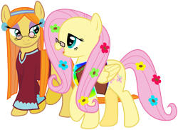 Size: 6000x4368 | Tagged: safe, artist:masem, idw, character:fluttershy, character:wheat grass, absurd resolution, bedroom eyes, clothing, flower, flower in hair, glasses, hilarious in hindsight, hippie, hippieshy, open mouth, simple background, smiling, transparent background, vector, walking