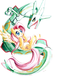 Size: 597x794 | Tagged: safe, artist:jiayi, character:fluttershy, species:pegasus, species:pony, crossover, looking at each other, pokémon, rayquaza, sitting