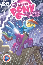 Size: 659x1000 | Tagged: safe, idw, character:applejack, character:rainbow dash, comic cover, cover, lightning, night, rain, storm