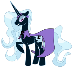 Size: 900x845 | Tagged: dead source, safe, artist:dazed-and-wandering, idw, character:trixie, species:pony, species:unicorn, corrupted, female, grin, looking at you, mare, nightmare (entity), nightmare trixie, nightmarified, raised hoof, simple background, smiling, solo, transparent background